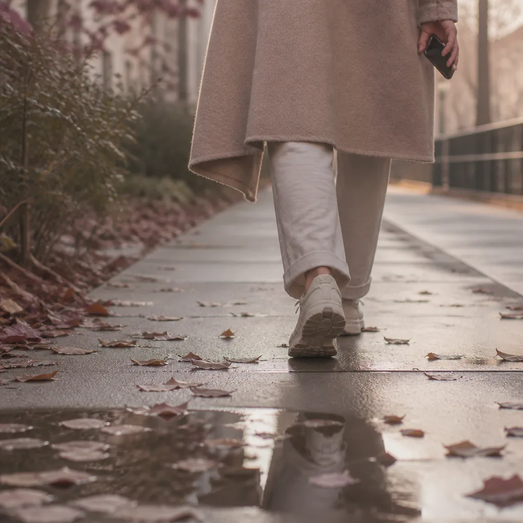 Bàn chân bước chậm trên vỉa hè ẩm và yên tĩnh