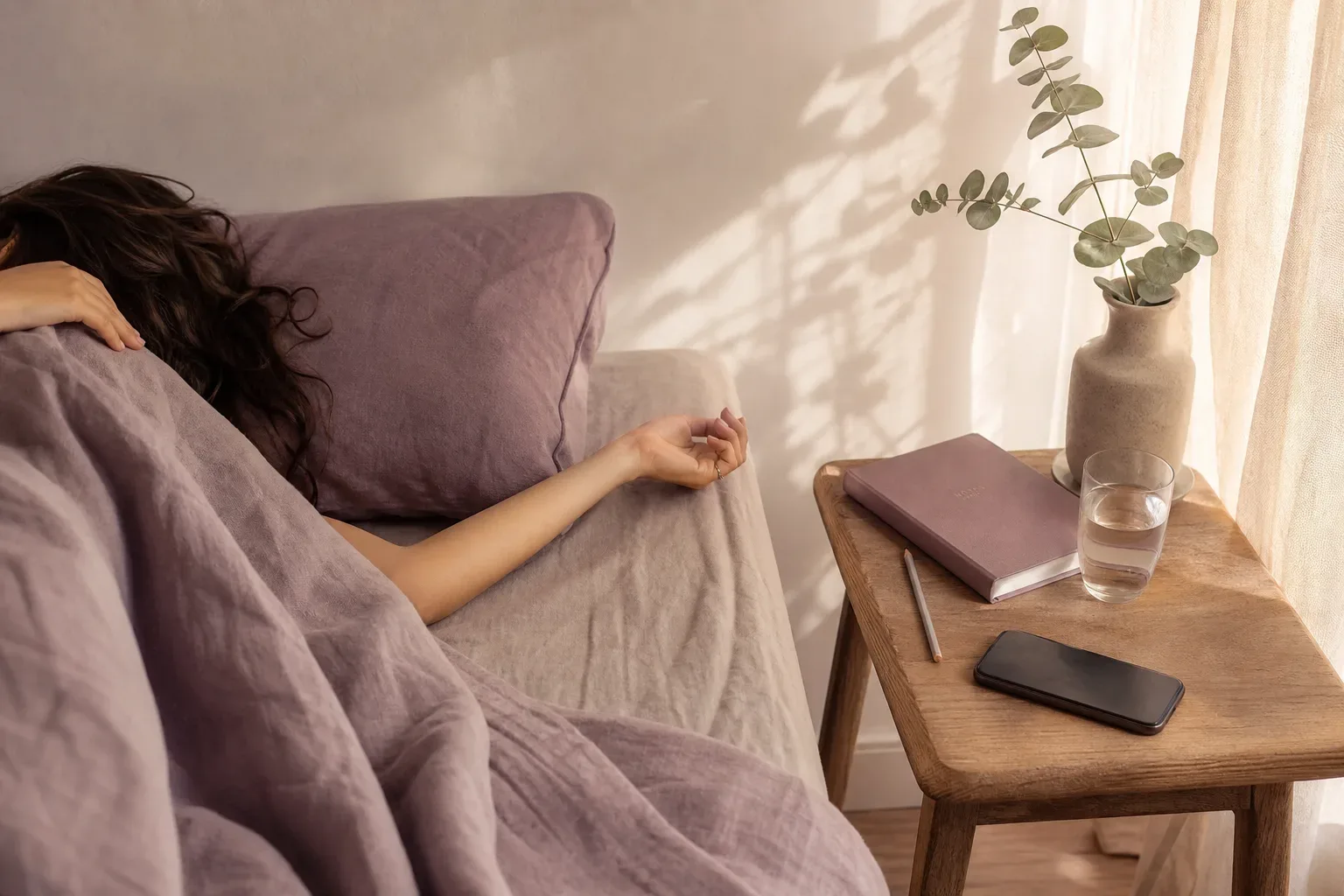 Person resting beside phone and closed journal