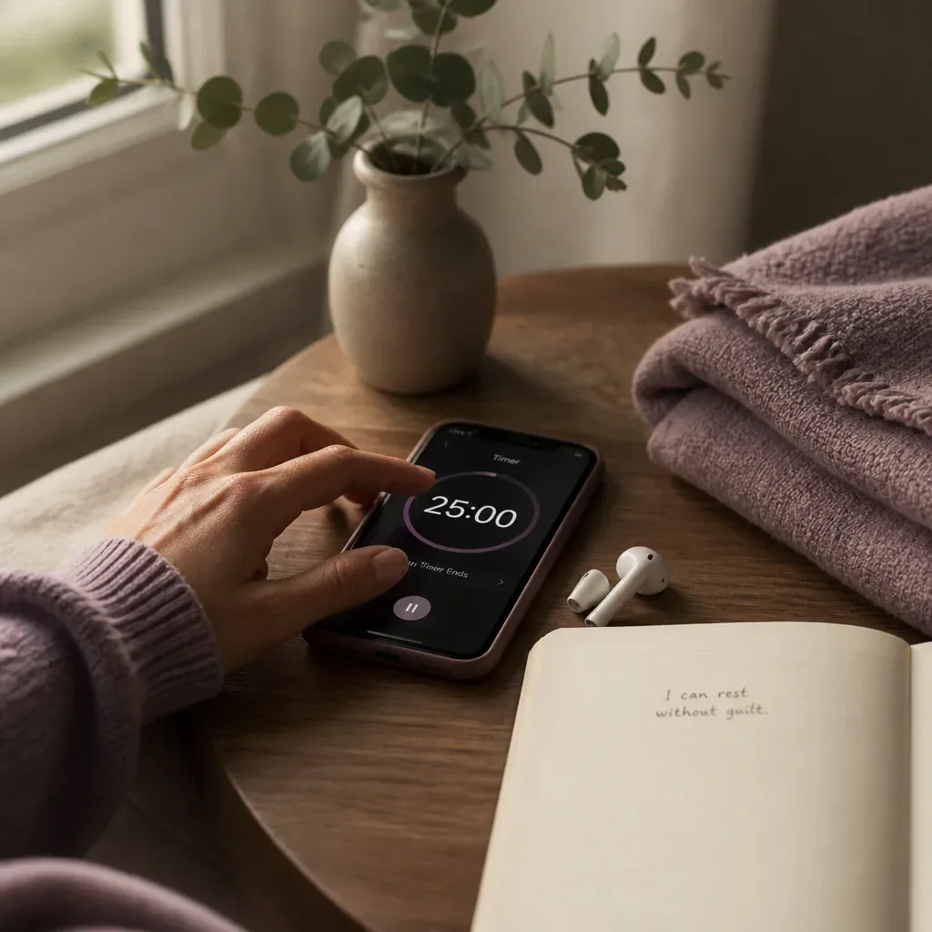 Hand setting timer beside earbuds and journal