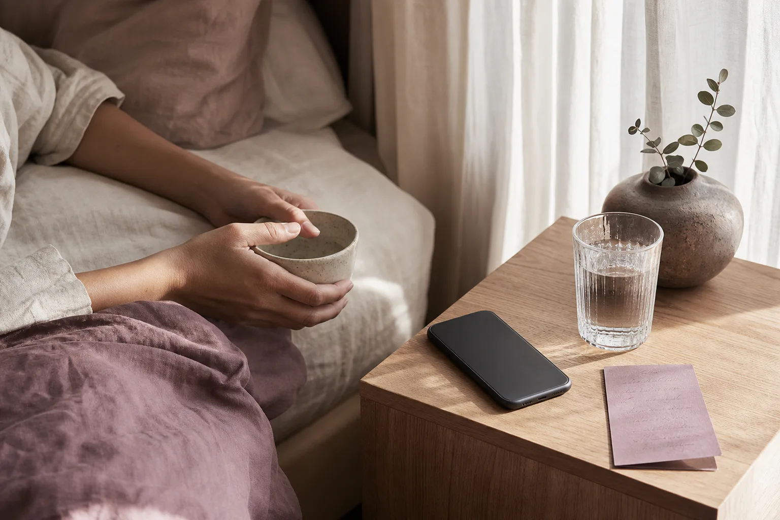 Teléfono junto a agua con luz tranquila de la mañana