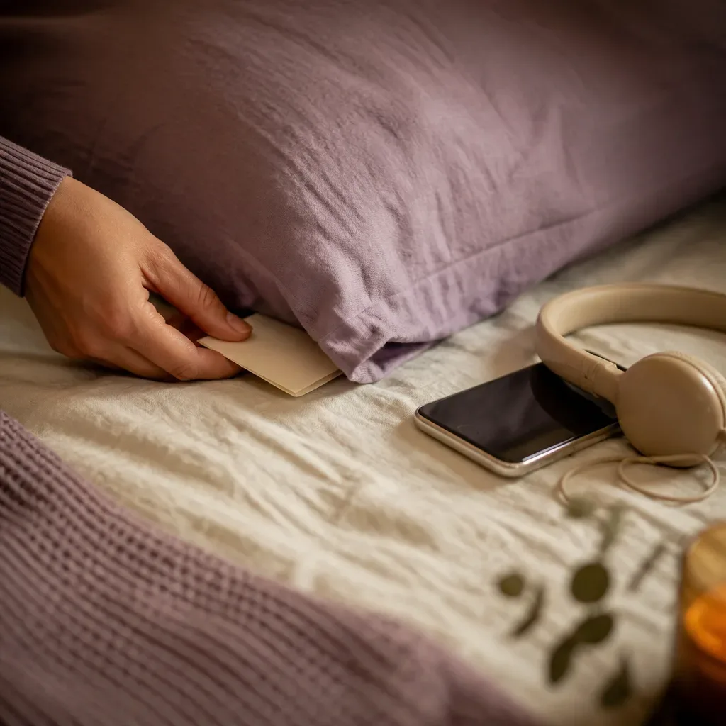 Hand placing a note beside bedtime headphones