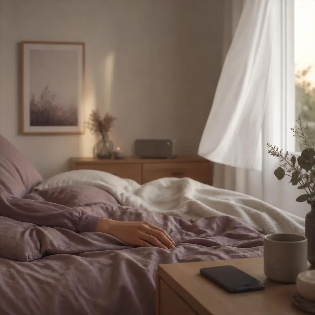 Hand resting in bed beside a quiet speaker