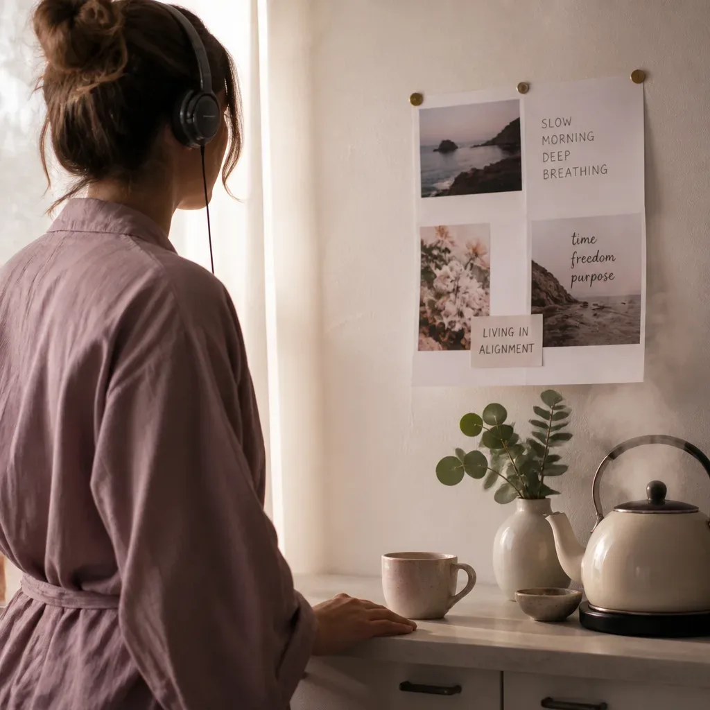 Woman listening beside a small vision board