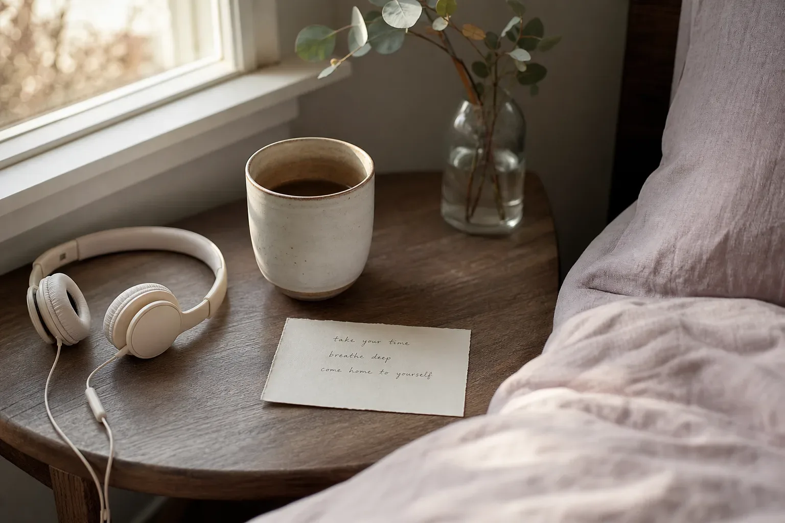 Quiet desk with headphones and a handwritten future-self note