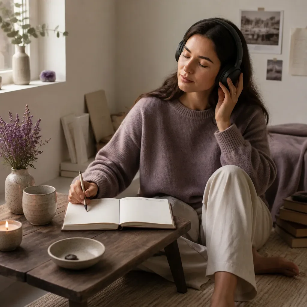 Person comparing practices with headphones and notebook