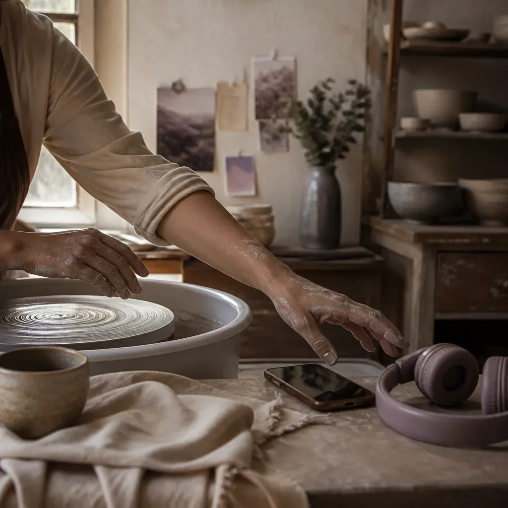 Clay studio with headphones beside a slowing wheel