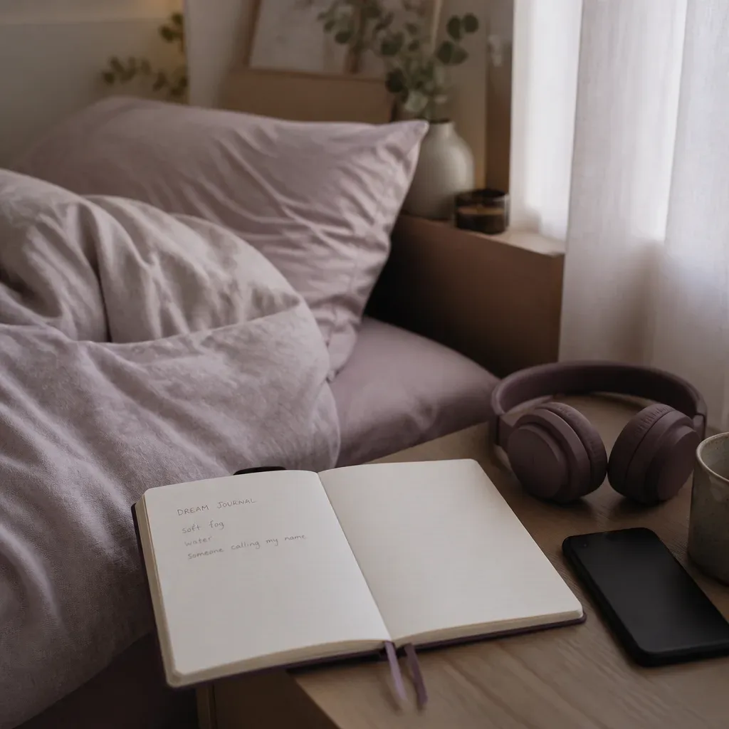 Jurnal mimpi di samping headphone dalam cahaya pagi