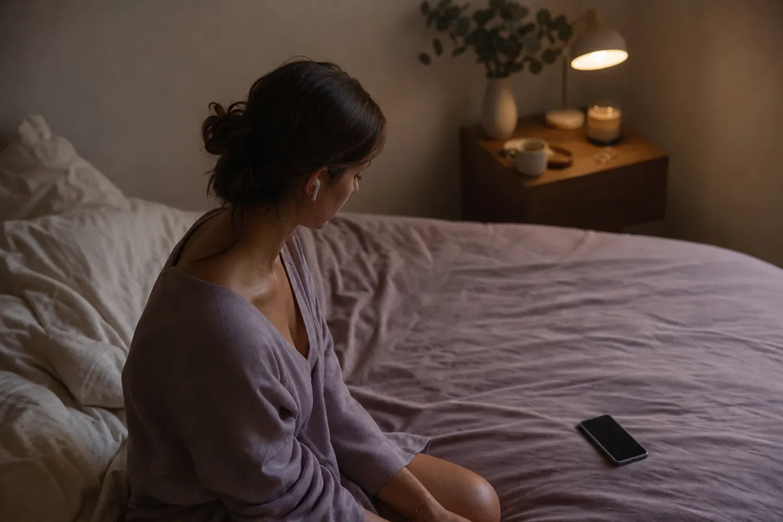 Frau hört ruhig neben einem leuchtenden Handy zu