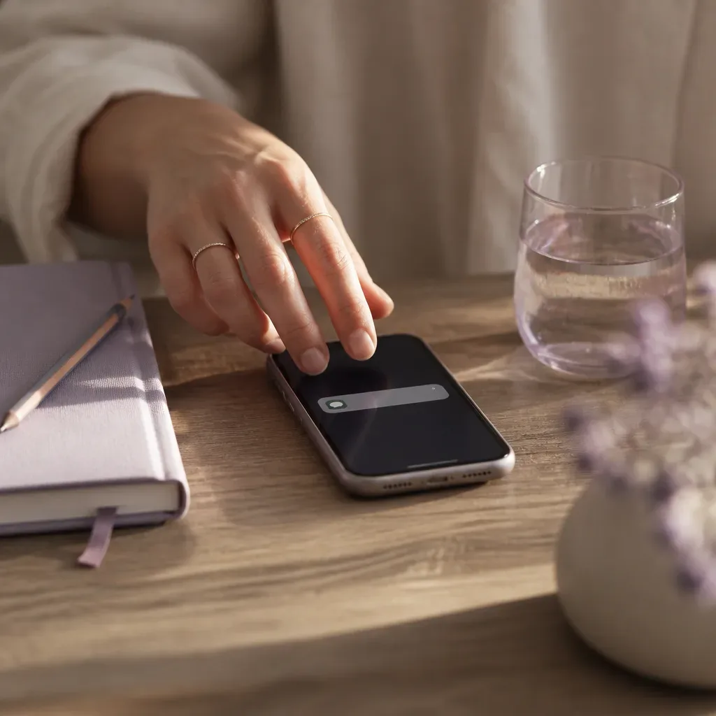 Hand hält vor dem Antworten über dem Handy inne