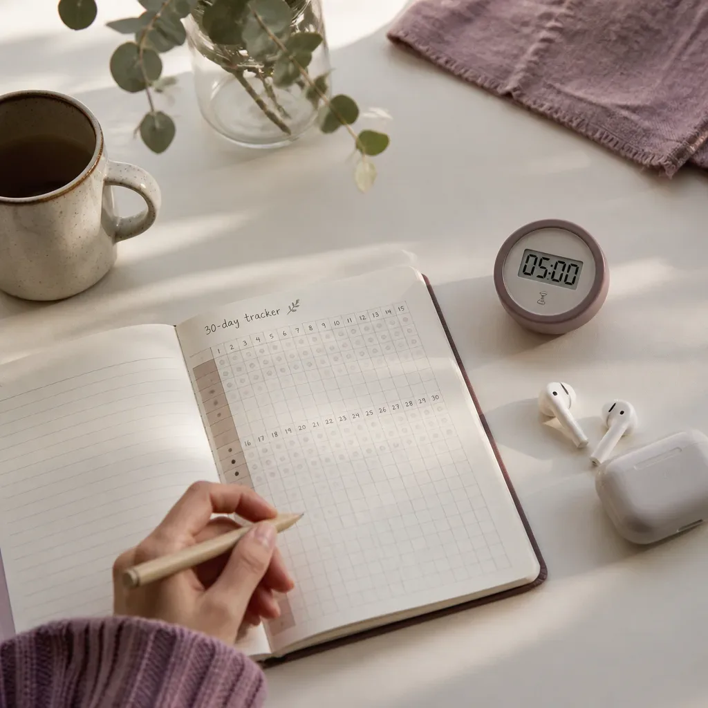 Notizbuch-Tracker mit Kopfhörern und Timer
