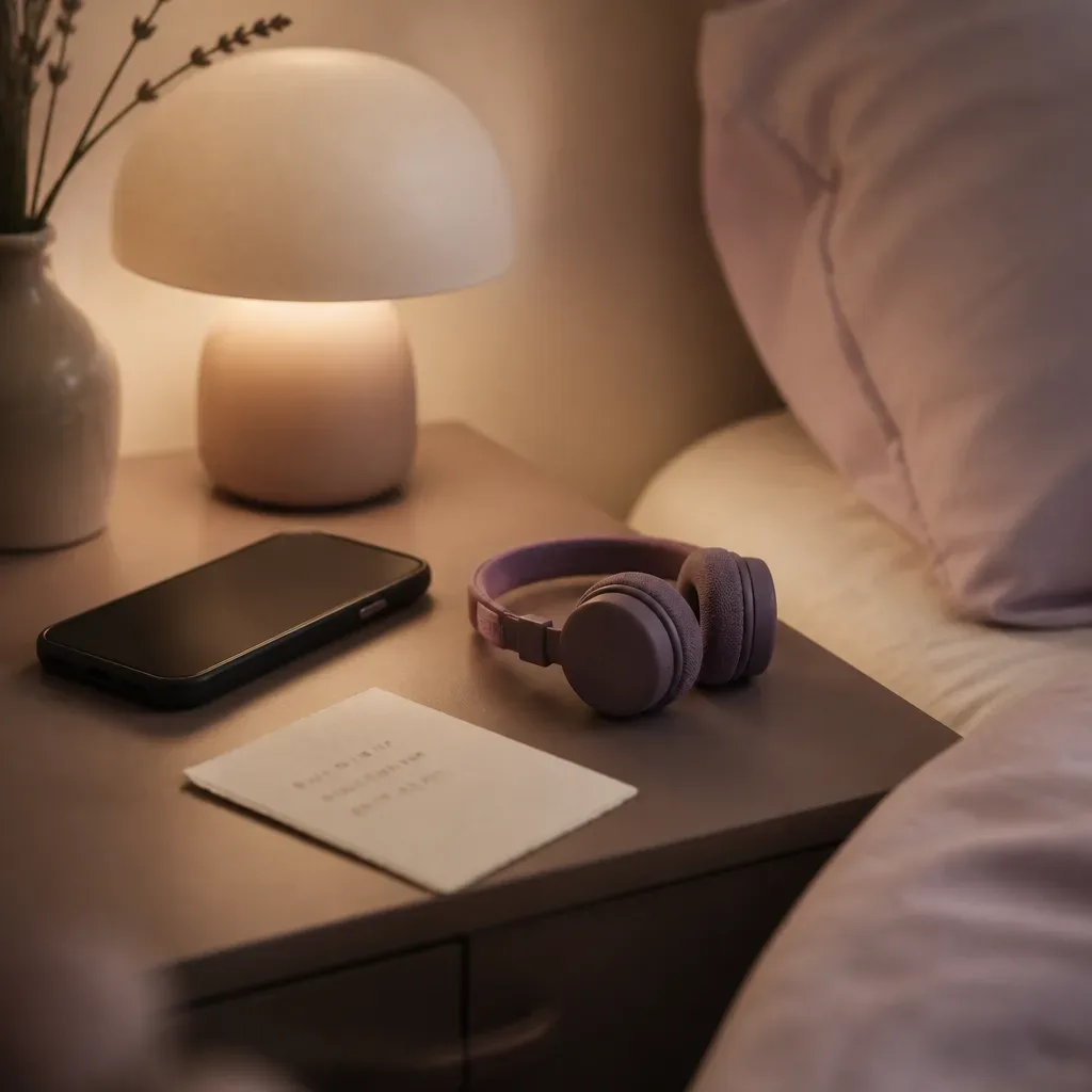 Phone and headphones waiting on a bedside table