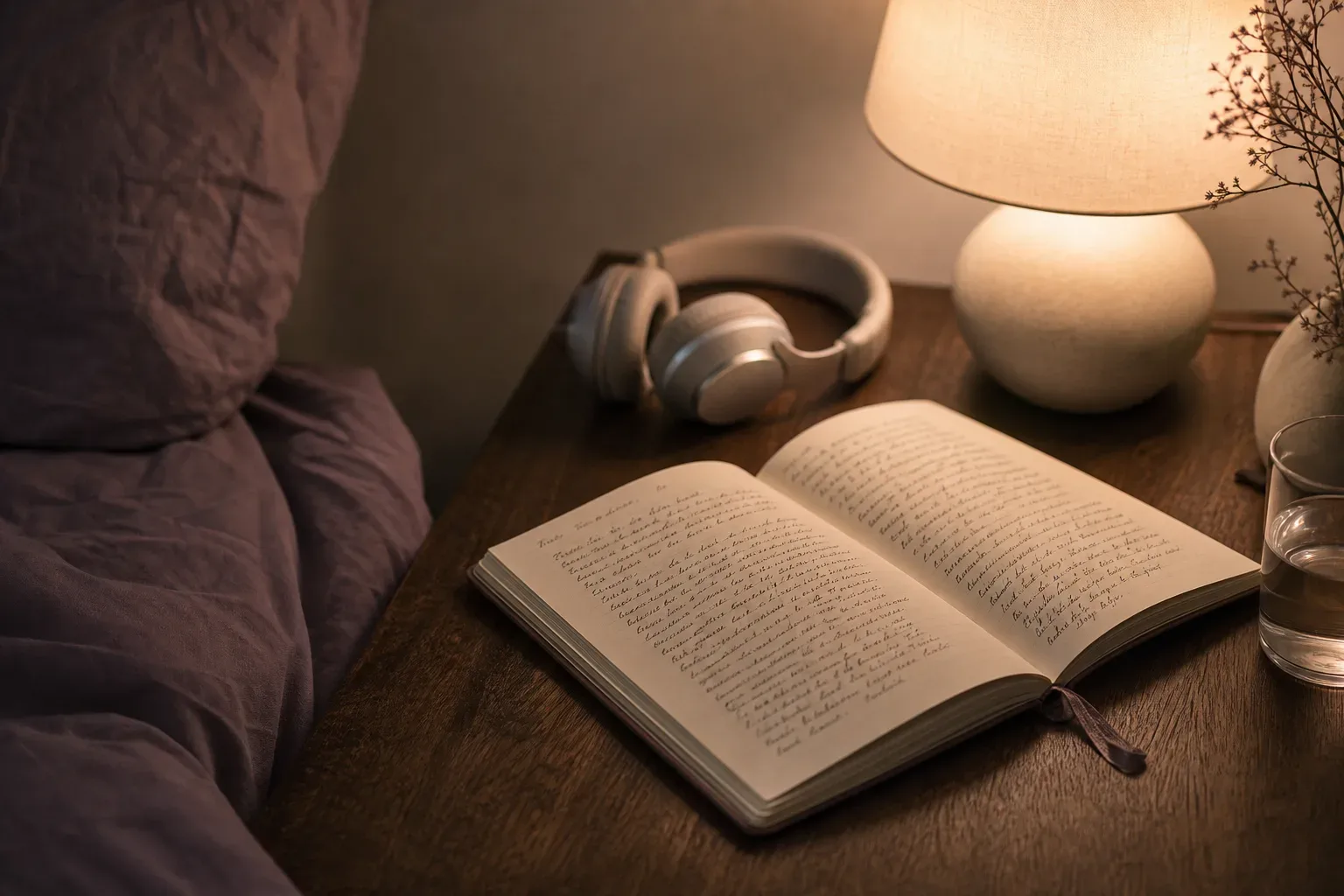 Buku catatan dan headphone di samping lampu meja redup