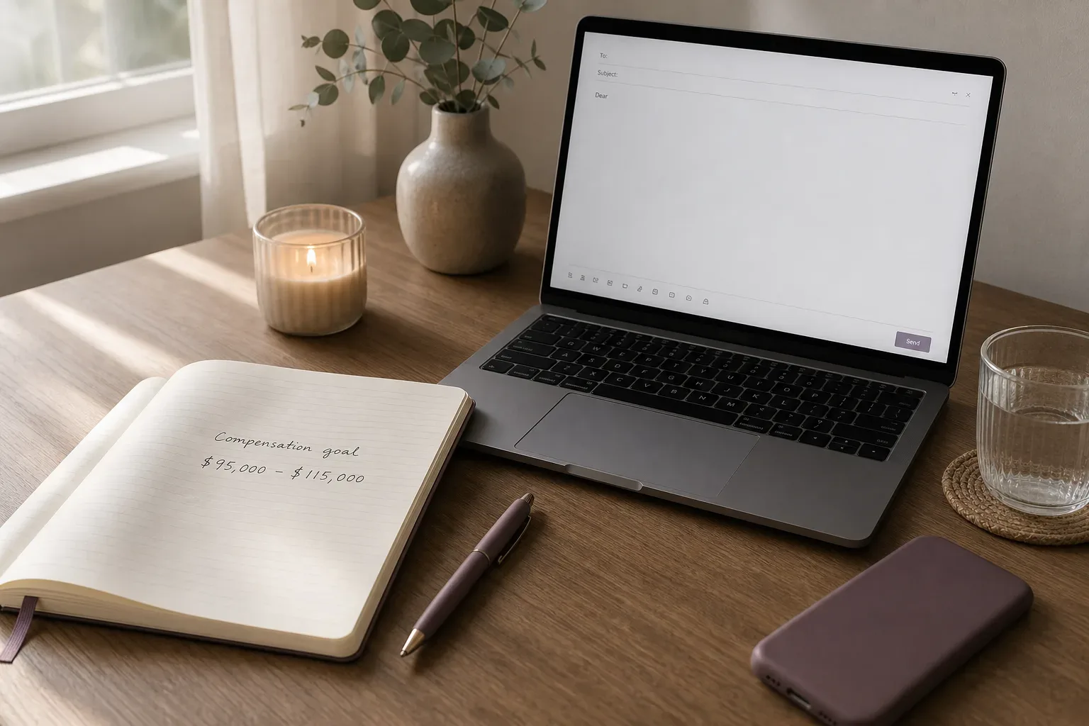 Notebook with salary notes beside a quiet laptop