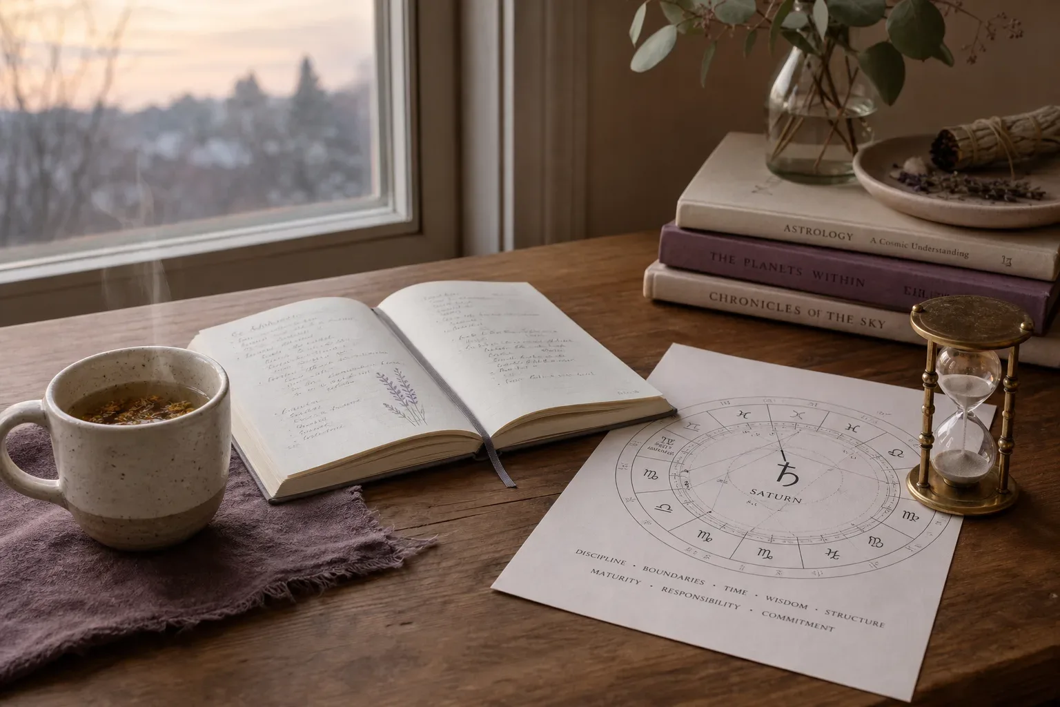Quiet desk with tea, notebook, and Saturn chart