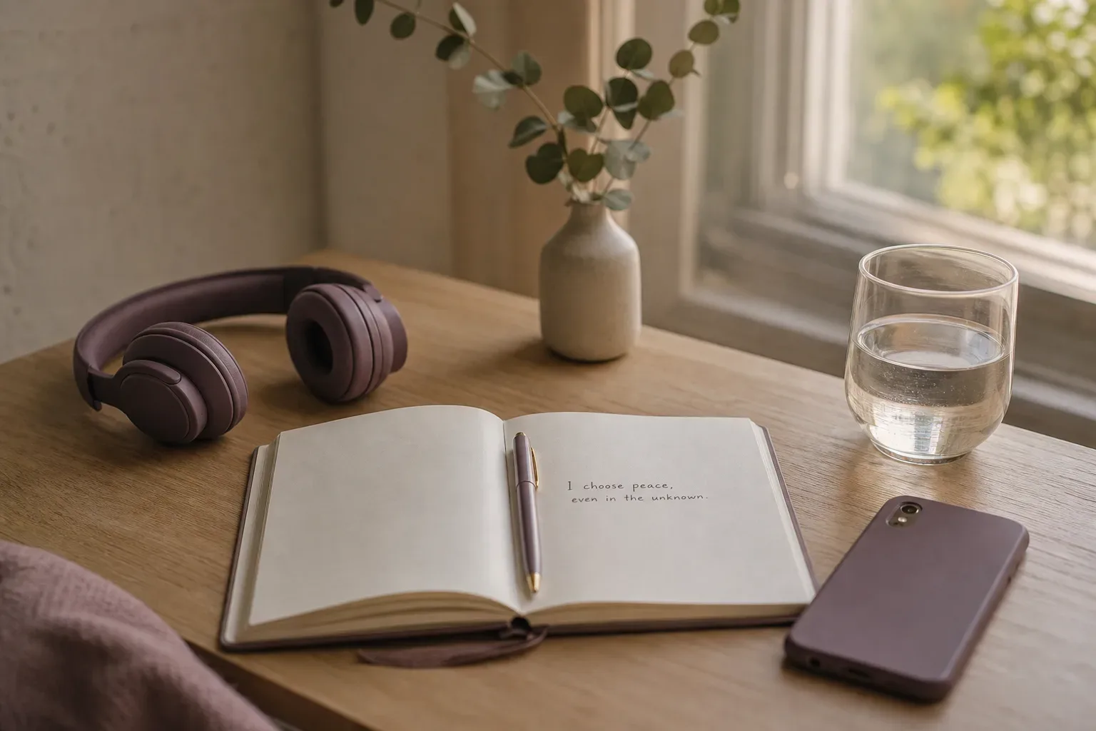 Kulaklık, defter ve sabah ışığı olan sessiz bir masa