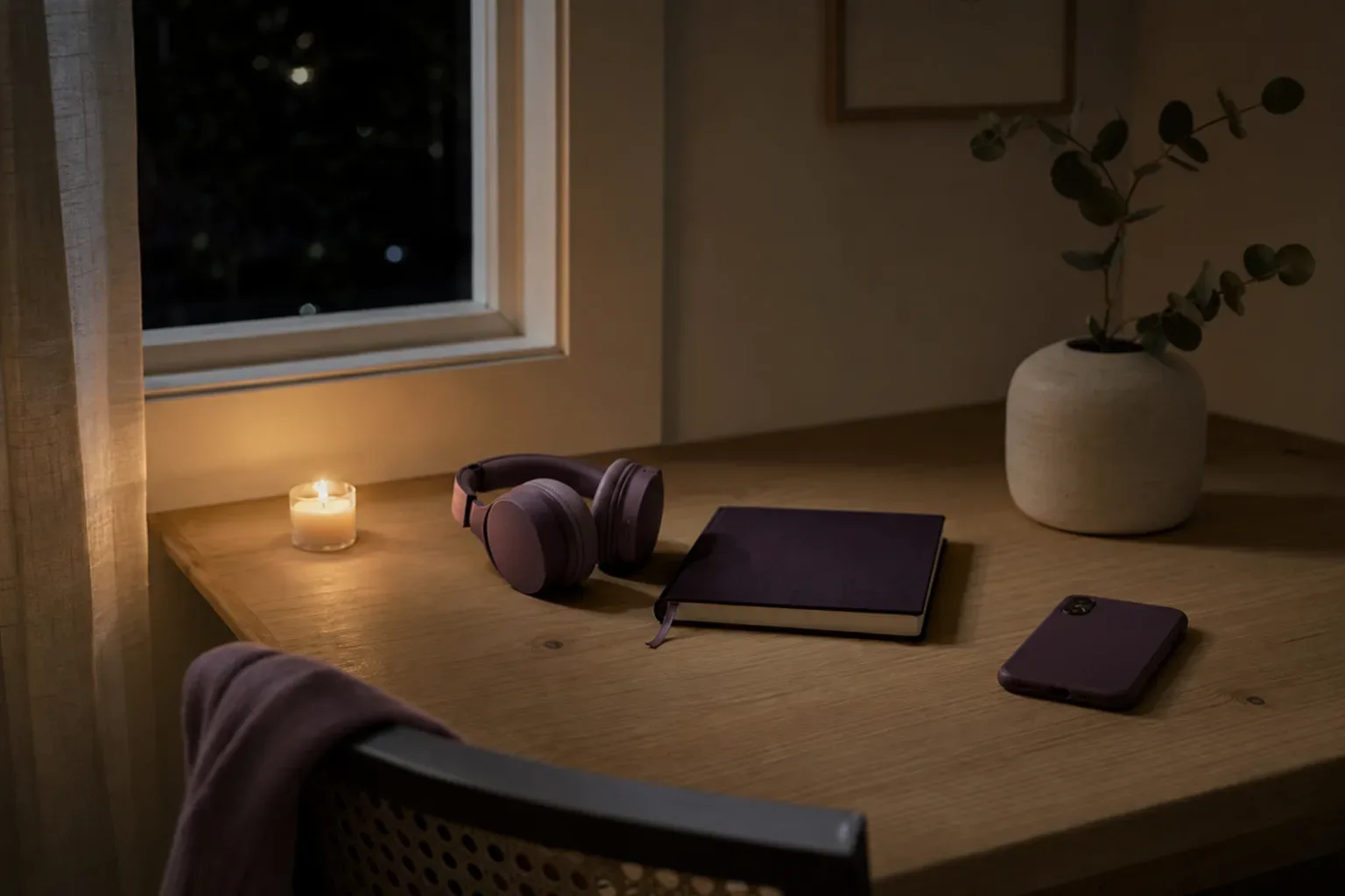 Quiet desk with headphones and a dark notebook