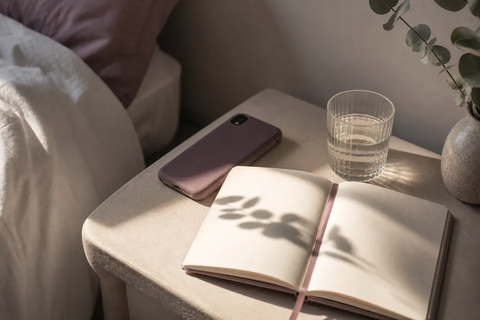Handy mit dem Display nach unten neben einem stillen Morgennotizbuch