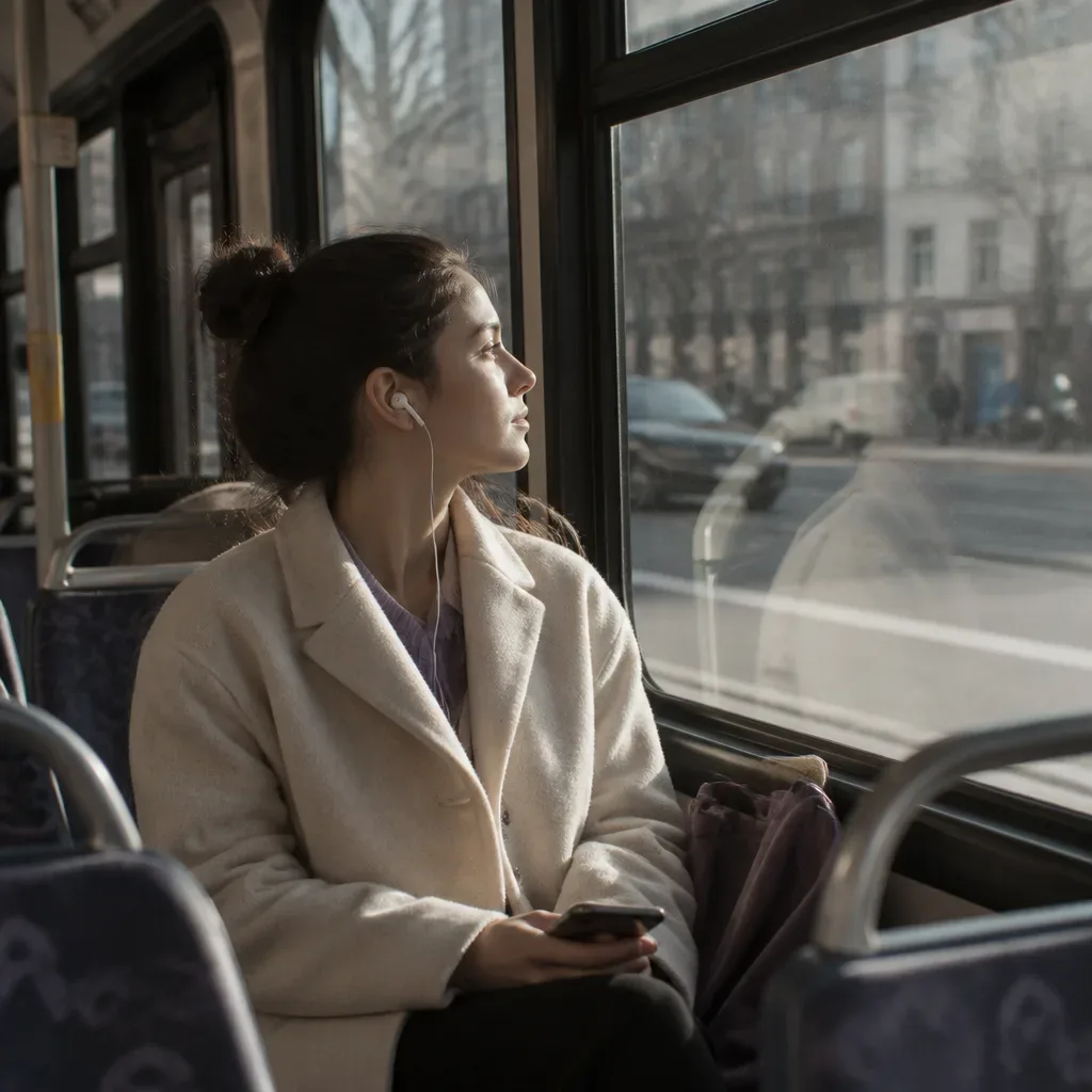 Person hört still in einem morgendlichen Bus zu