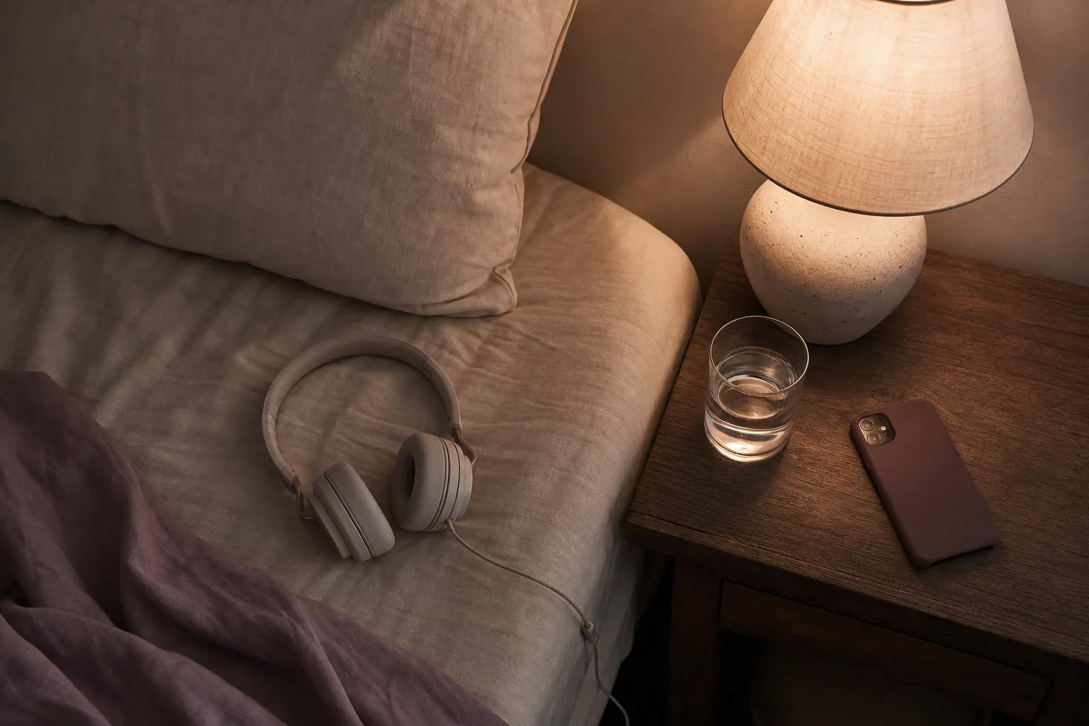 Teléfono junto a la cama brillando al lado de una vela tranquila