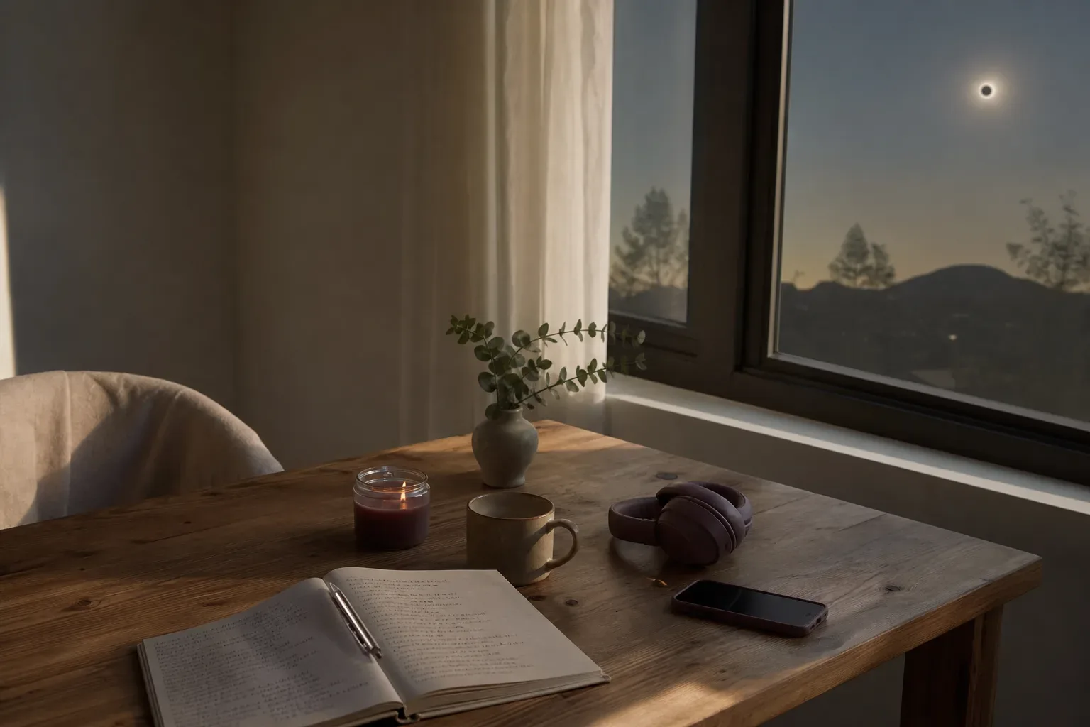 Darkened sun over a quiet room and journal
