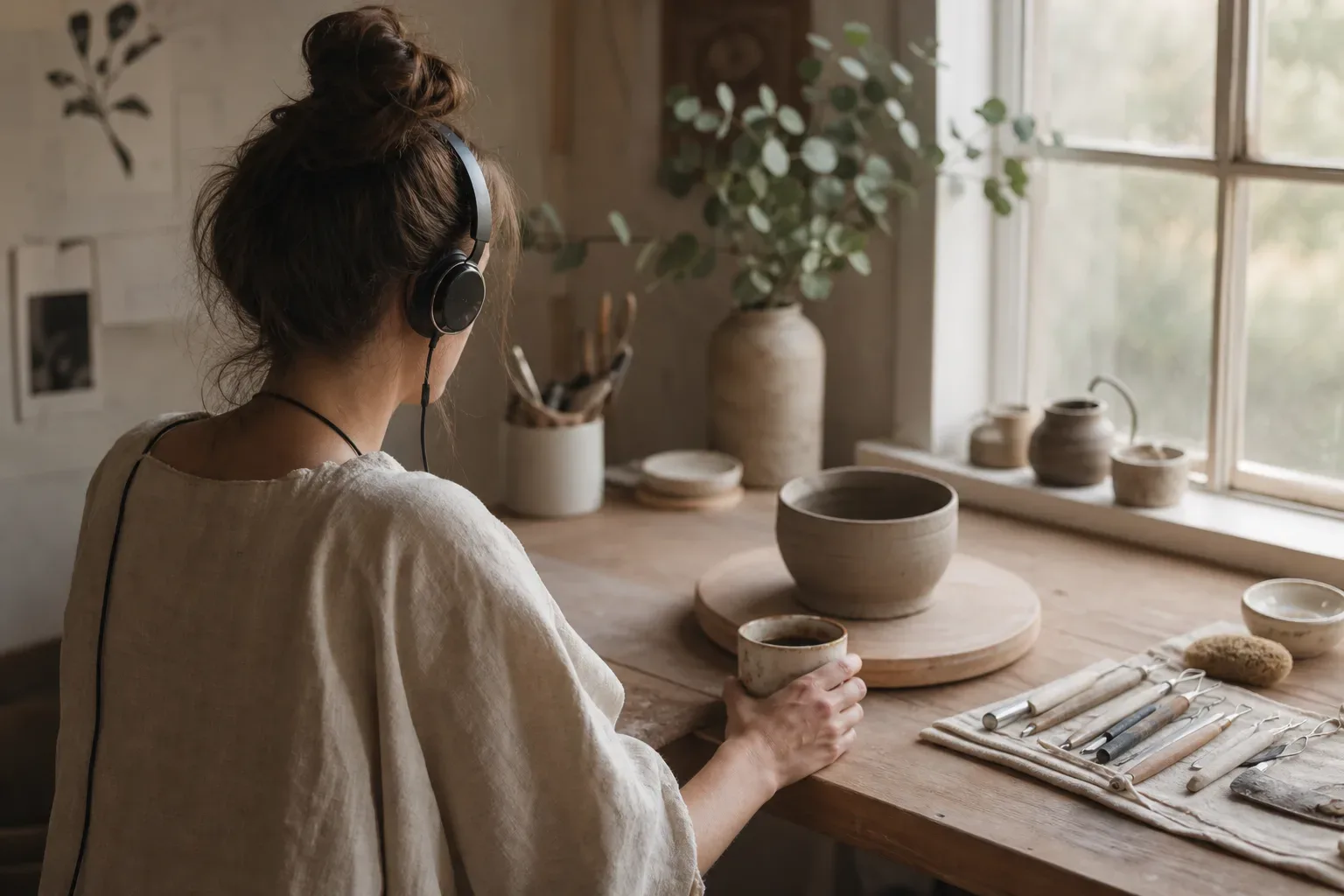 Woman listening quietly beside a clay worktable
