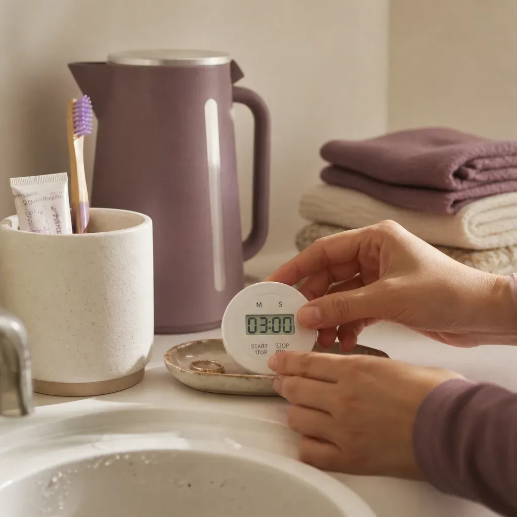 Three-minute timer beside morning objects