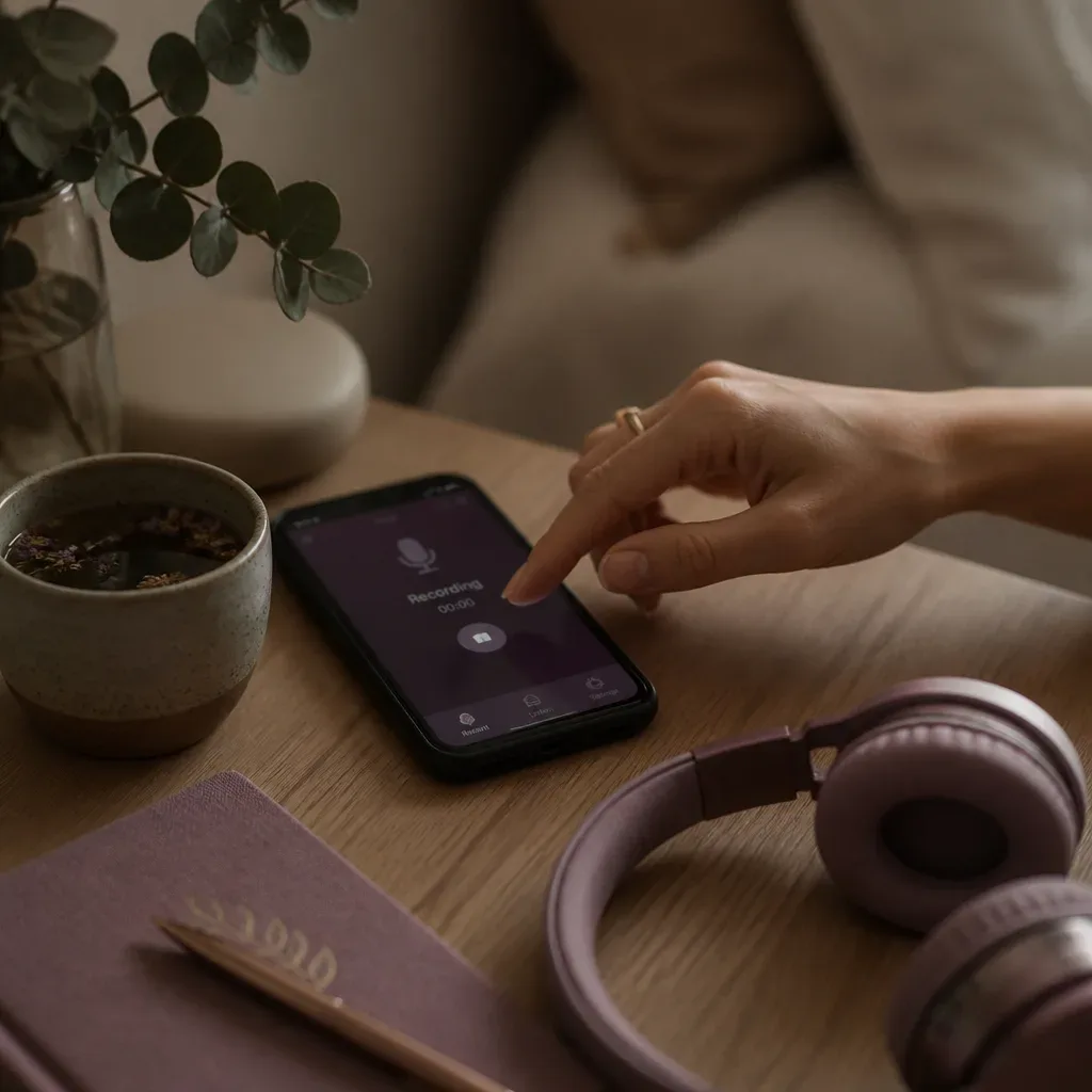 Dłoń przygotowująca audio na dobranoc na przyciemnionym telefonie