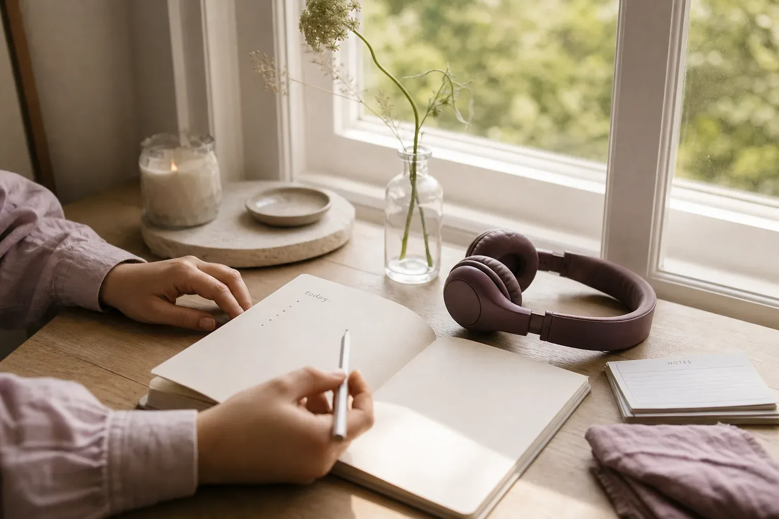 Notebook and headphones beside a late summer window