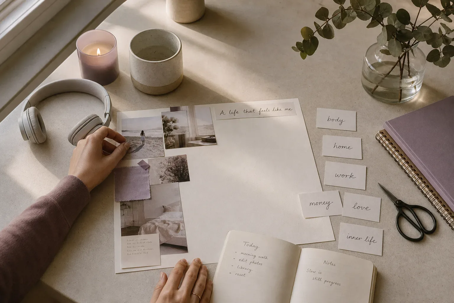 Scrivania quieta con carte per vision board e cuffie