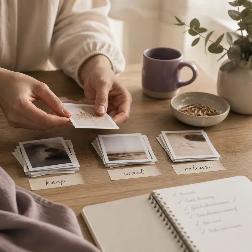 Hands sorting vision board images into quiet piles