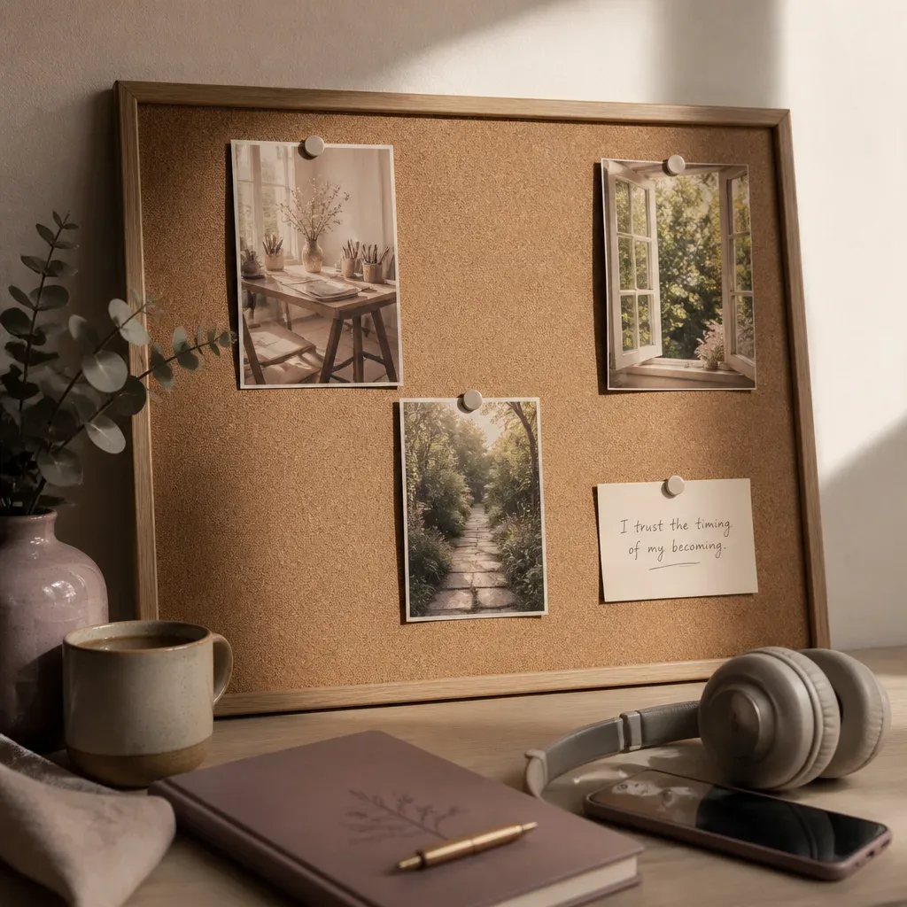 Sparse vision board with headphones below it