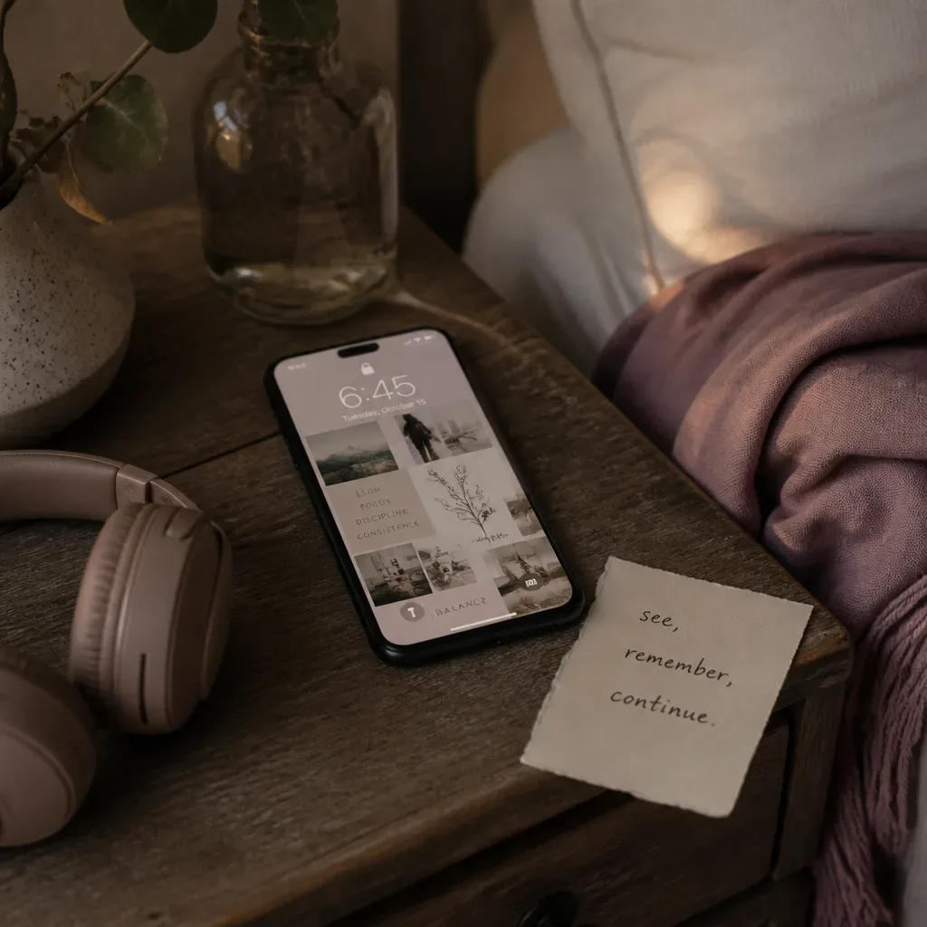 Phone wallpaper beside headphones at dusk