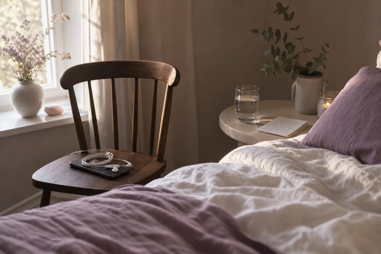 Morning bedside table with phone and headphones