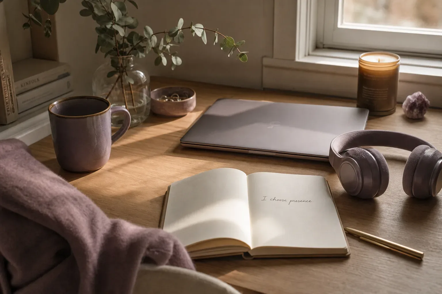 Desk with headphones and morning light