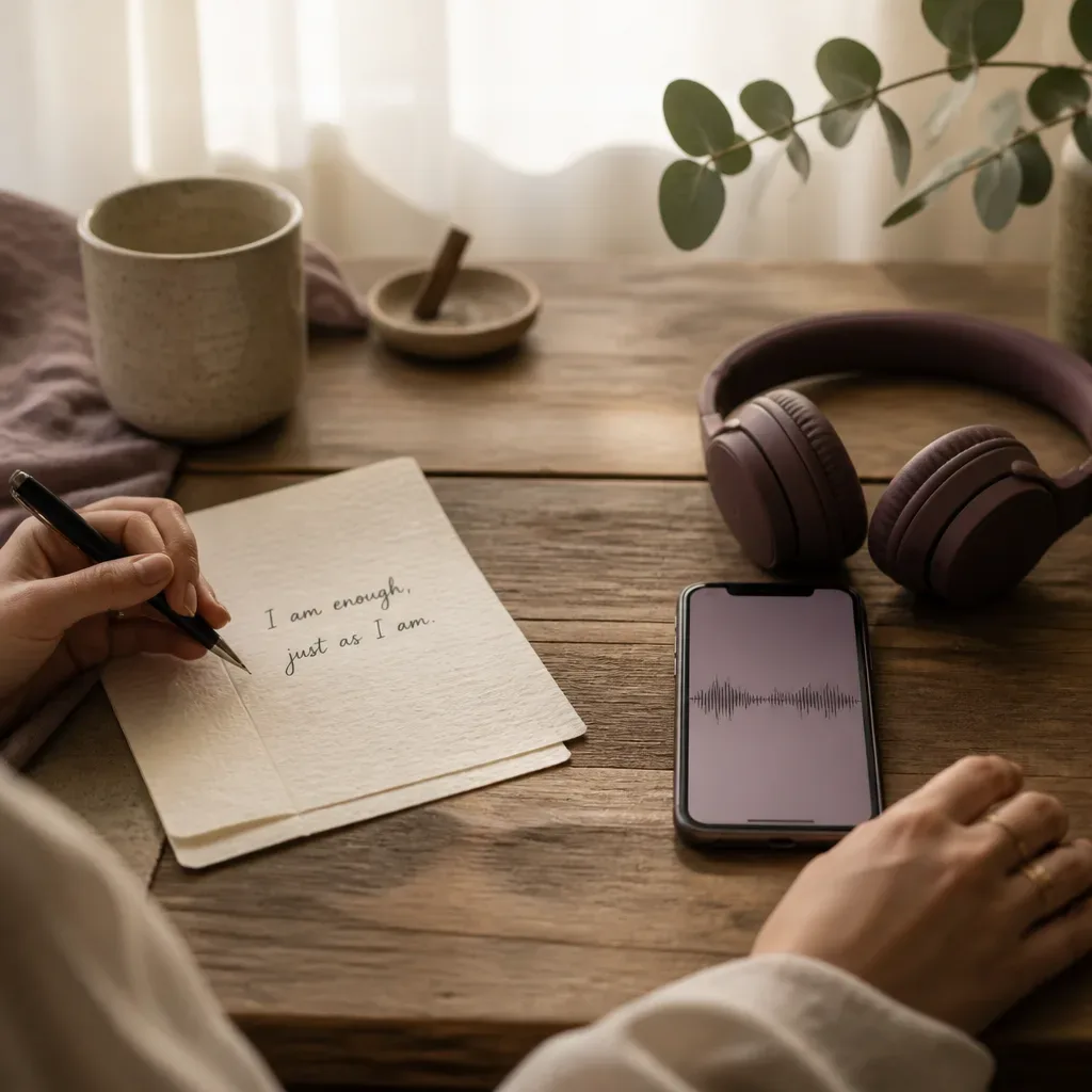 Note and audio waveform on a quiet table