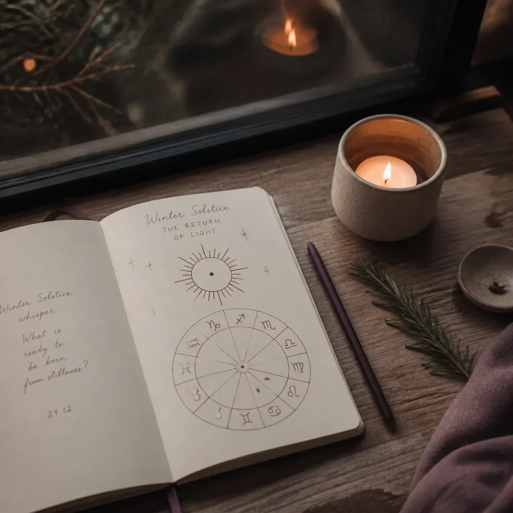 Hand-drawn solstice chart beside candlelight