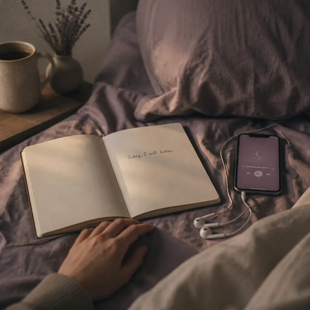 Jegyzetfüzet és audio egy csendes ágy mellett
